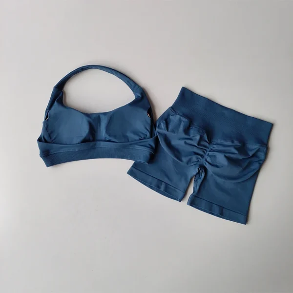 DFYNE Sexy Halter Neck Beautiful Back High Waist Peach Sports Bras Shorts Suit - Image 5