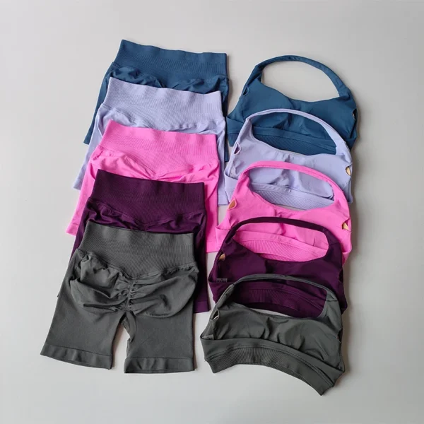DFYNE Sexy Halter Neck Beautiful Back High Waist Peach Sports Bras Shorts Suit - Image 14