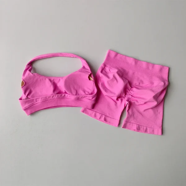 DFYNE Sexy Halter Neck Beautiful Back High Waist Peach Sports Bras Shorts Suit - Image 4