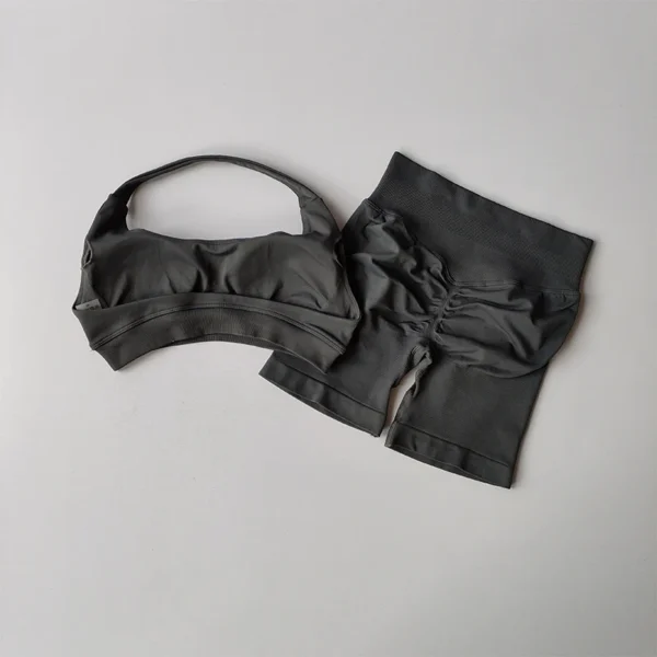 DFYNE Sexy Halter Neck Beautiful Back High Waist Peach Sports Bras Shorts Suit - Image 6