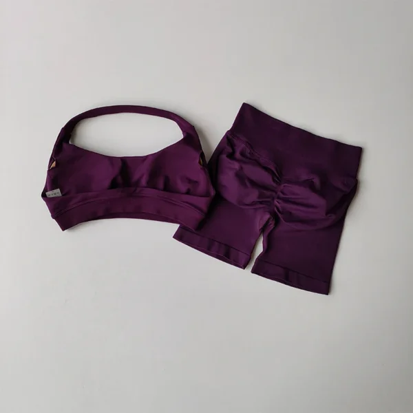 DFYNE Sexy Halter Neck Beautiful Back High Waist Peach Sports Bras Shorts Suit - Image 3