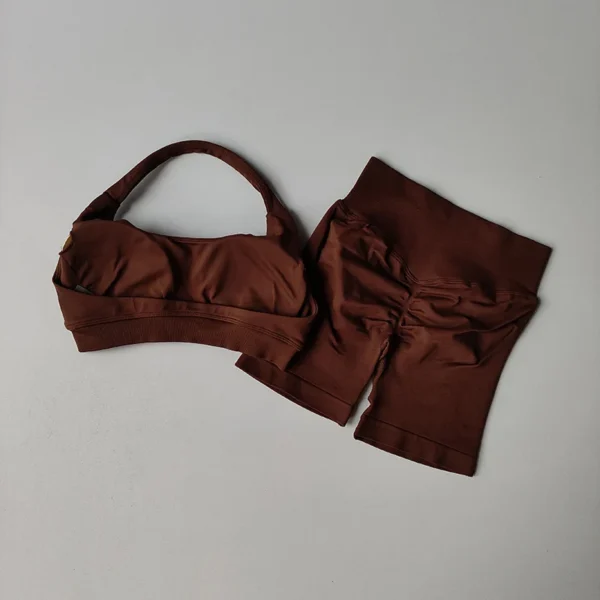 DFYNE Sexy Halter Neck Beautiful Back High Waist Peach Sports Bras Shorts Suit - Image 12