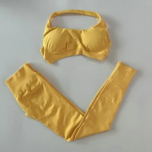 DFYNE 2 Pieces Seamless Impact Yoga Set Halter Sports Bra Tops Women High Waist