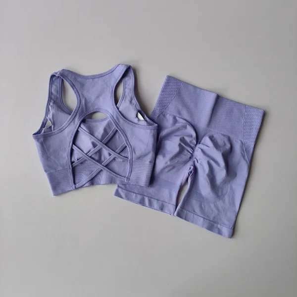 Women 2 PCS Seamless Yoga Set Sexy Sport Bra + High Waist Sports Shorts Gym - Image 5