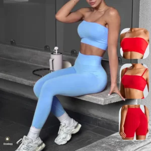 2Pcs Pad Seamless Strapless Sports Bra Yoga Set Female Workout Shorts