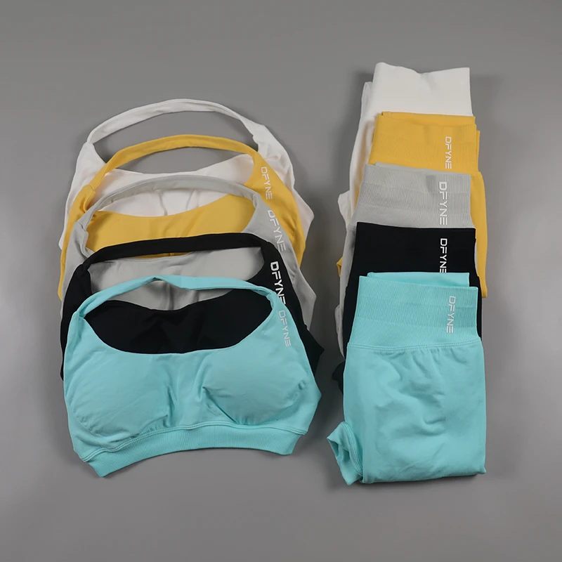  Dfyne Seamless Gym Set Women Yoga Clothing Sportswear Impact Leggings and Halter Sports Bra 2 Piece